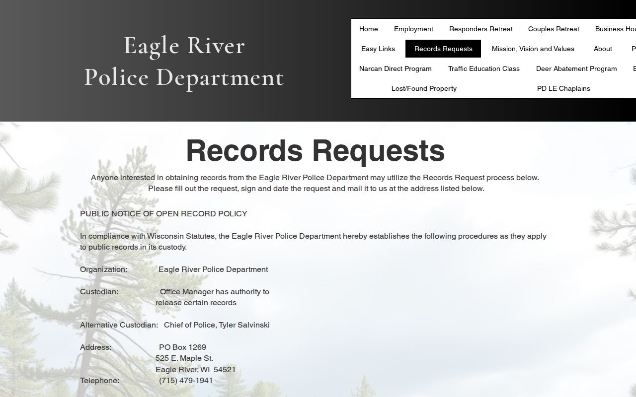 Eagle River Police Department official Vilas County arrest-record request page