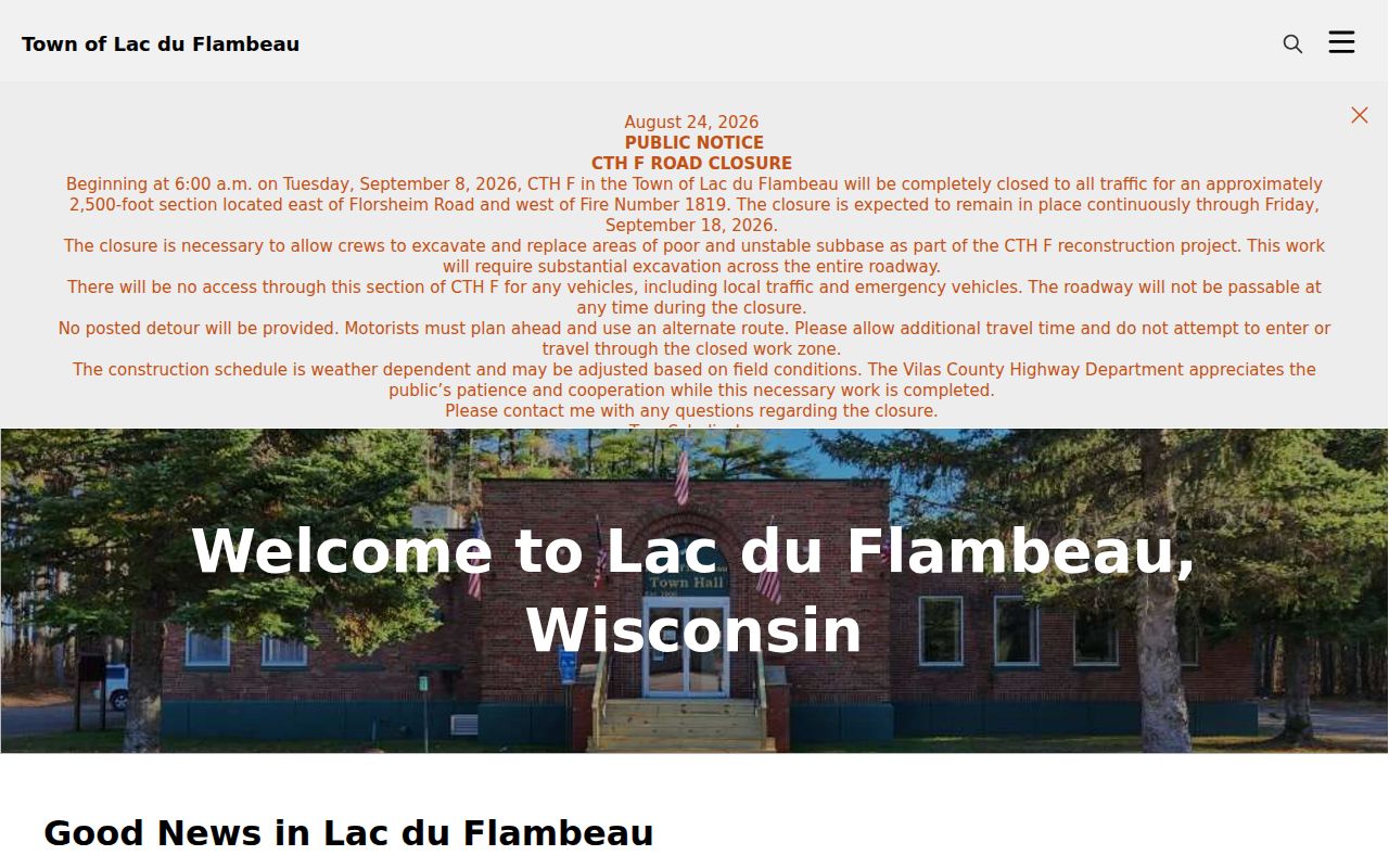 Lac du Flambeau official town page for Vilas County arrest-record routing