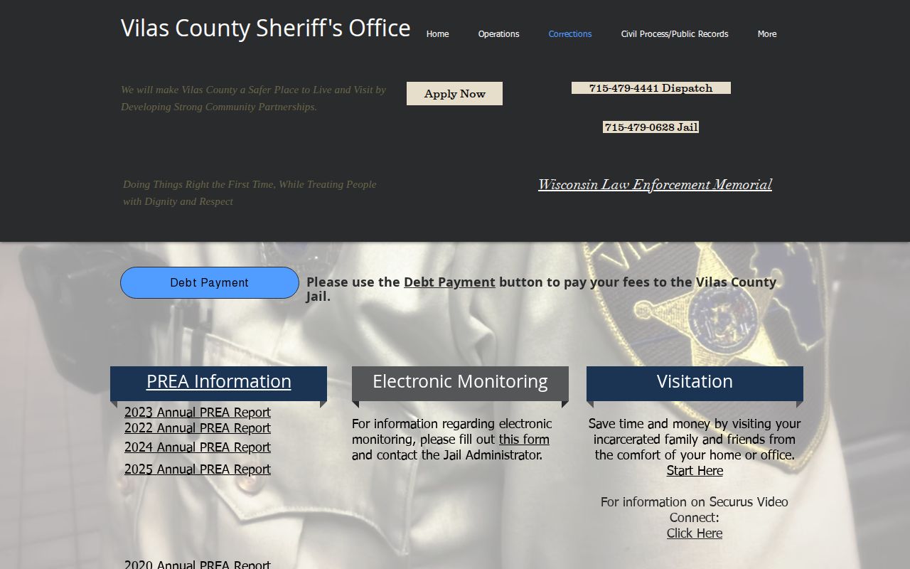 Vilas County Jail roster access on the Sheriff Corrections page