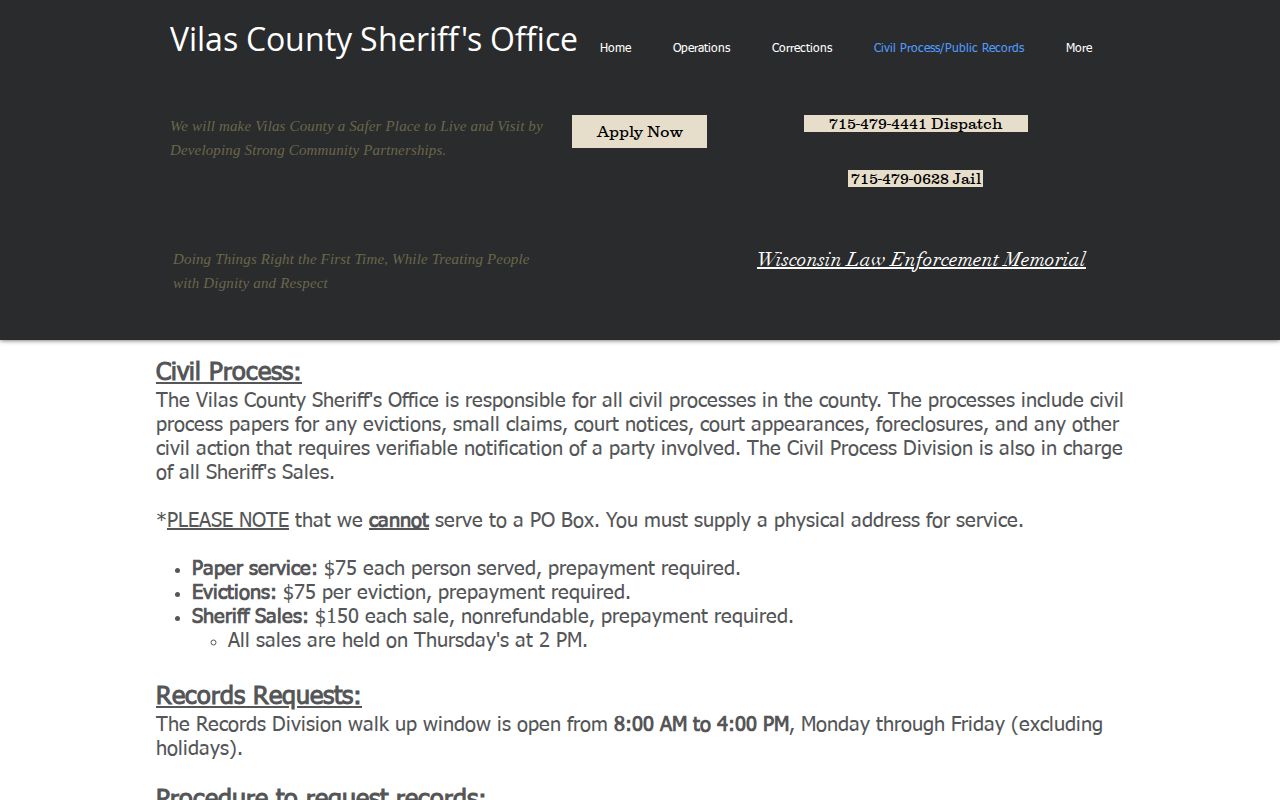 Vilas County booking record request information on the Sheriff public records page
