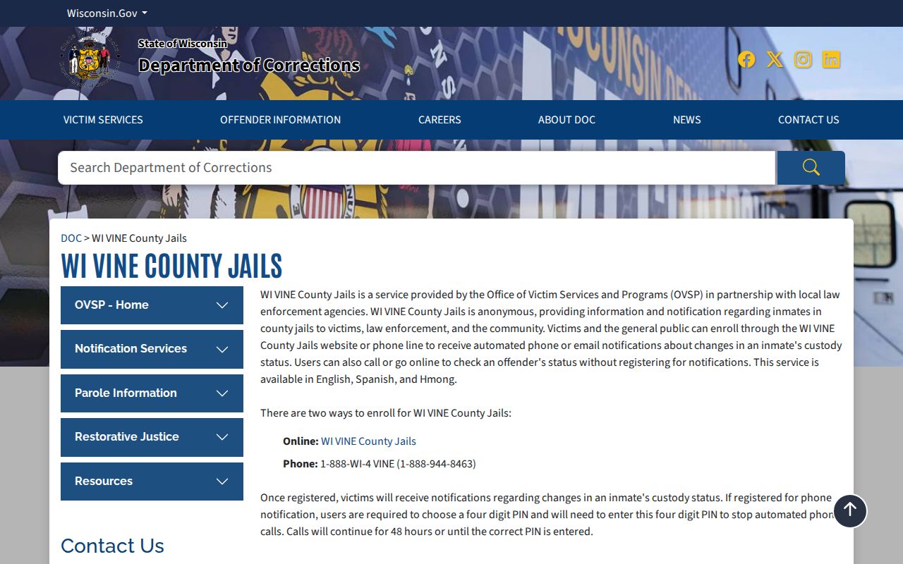 Vilas County custody notifications through Wisconsin VINE County Jails