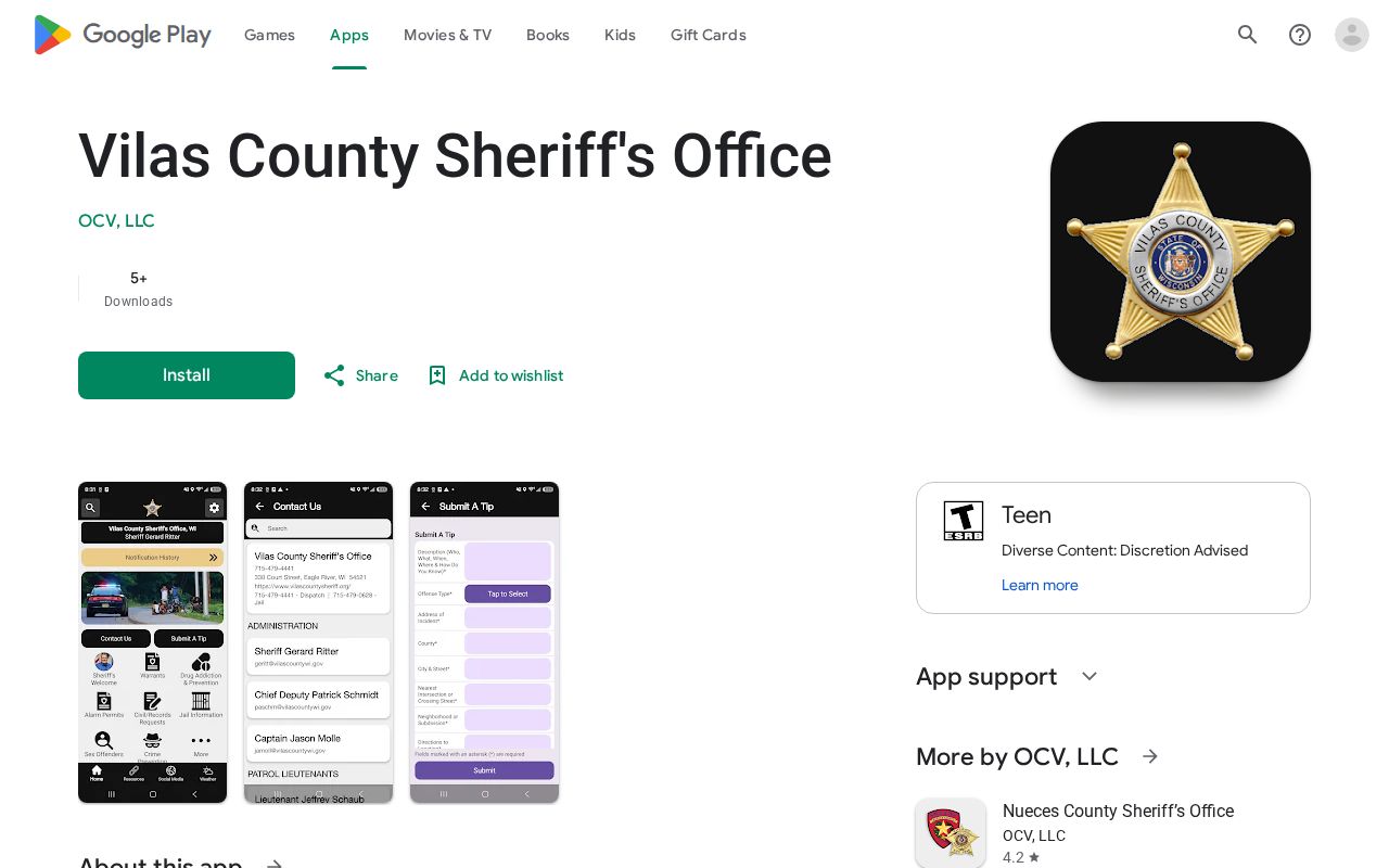 Vilas County Sheriff app for public safety and tips, not booking photos